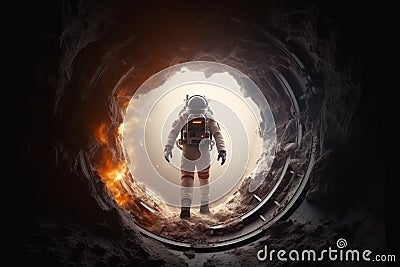 Astronaut with costume looking through entrance to other planet. Generative AI Stock Photo