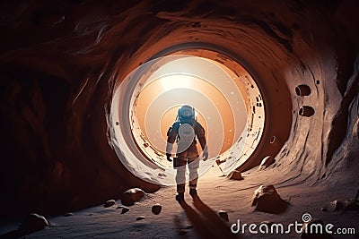 Astronaut with costume looking through entrance to other planet. Generative AI Stock Photo