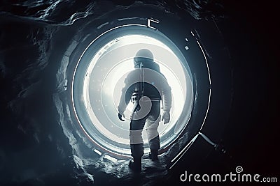 Astronaut with costume looking through entrance to other planet. Generative AI Stock Photo