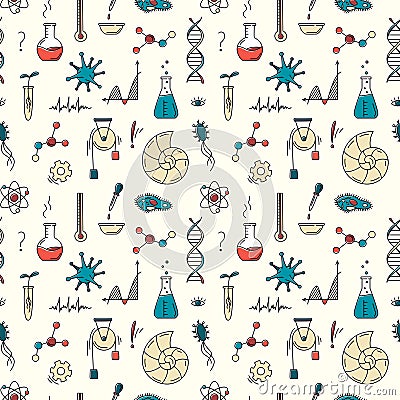 Science seamless pattern with ammonite, DNA, magnet, test tubes, molecule, atom in doodle style. Vector colourful line art sketch Vector Illustration