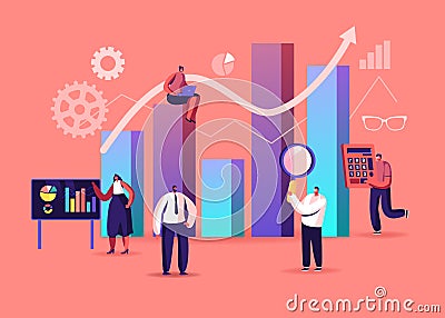 Science Statistics. Tiny Characters at Touch Screen and Huge Column Data Chart. Project Management Analysis Vector Illustration