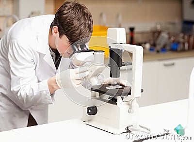 Science student looking in a microscope Stock Photo