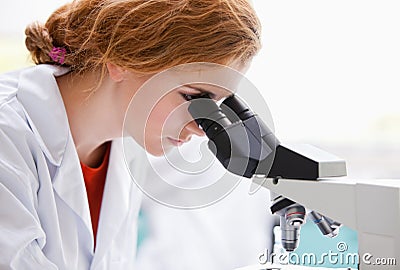 A science student looking into a microscope Stock Photo