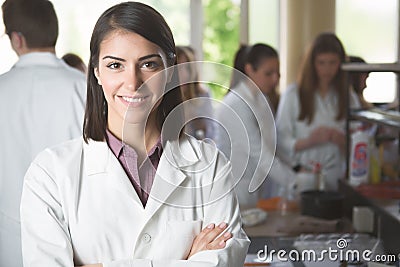 Science students working with chemicals in the lab at the university.Happy student, content for experimental results Stock Photo