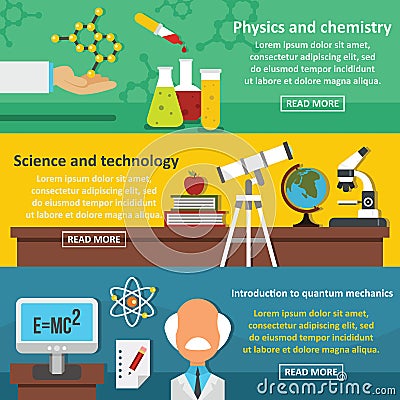 Science tech banner horizontal set, flat style Vector Illustration