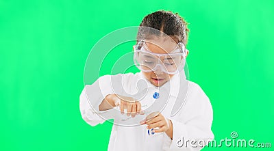 Science, test tube and child pour liquid on green background for learning, lesson and lab exam. Education, scientist and Stock Photo