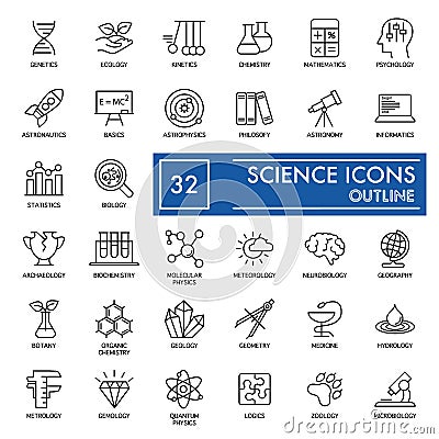 Science vector icons set. Education and Knowledge Icons isolated on white. Flat thin outline design. eps 10 Vector Illustration