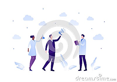 Scienceand business cooperation concept. Vector flat person illustration. Mixed ethnic group of male and female. Businessman and Vector Illustration