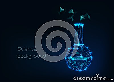 Scientific background with low poly wireframe beaker, tes tube and abstract tetrahedral structure compound. Vector Illustration