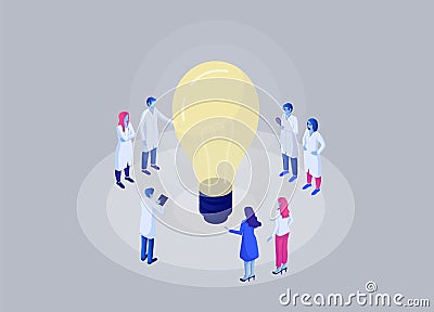 Scientific breakthrough in biochemical laboratory isometric concept. Group scientists are developing new idea. Vector Illustration