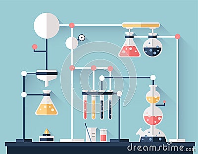 Scientific chemical experiment, laboratory equipment. Test Tubes, flasks and other laboratory glassware, jointed tubes Vector Illustration