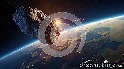 A scientific concept of an image of an asteroid flying in space against the background of the Earth. Generative AI Stock Photo