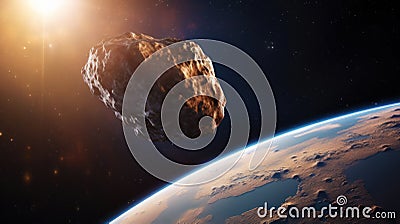 A scientific concept of an image of an asteroid flying in space against the background of the Earth. Generative AI Stock Photo