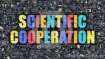 Scientific Cooperation Concept. Multicolor on Dark Brickwall. Stock Photo