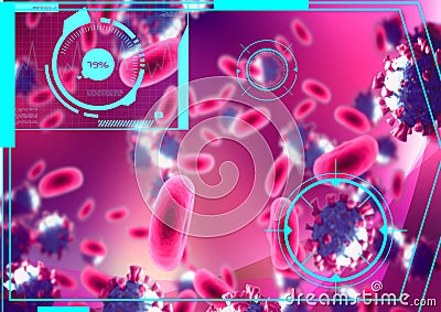 Scientific data processing with scopes scanning with covid 19 and red blood cells on pink background Stock Photo