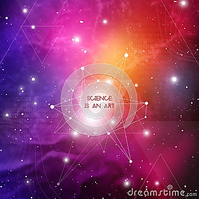 Scientific design template with copy space. Hipster triangles and molecule structure on space background. Vector design Vector Illustration