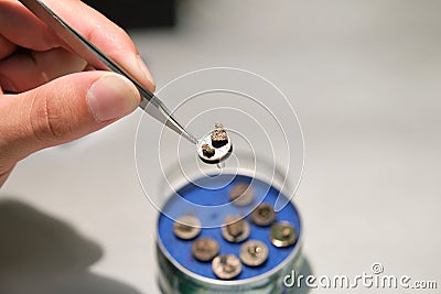 Scientific hand holding a tweezers with a scanning electron microscope sample on a specimen mount Stock Photo