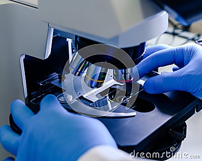 Scientific handling a light microscope examines a laboratory sample for pharmaceutical bioscience research. Concept of science, Stock Photo