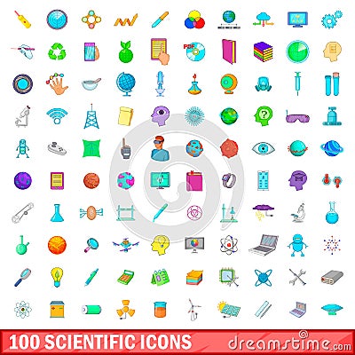 100 scientific icons set, cartoon style Vector Illustration