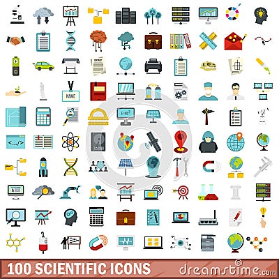 100 scientific icons set, flat style Vector Illustration