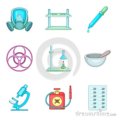 Scientific laboratory icons set, cartoon style Vector Illustration