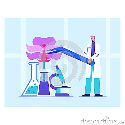 Scientific man conducting experiments with test tubes and holding forceps illustration Vector Illustration