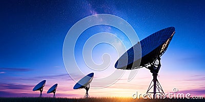 Scientific radio telescope array under a colorful twilight sky capturing deep space signals for astrophysical research Cartoon Illustration