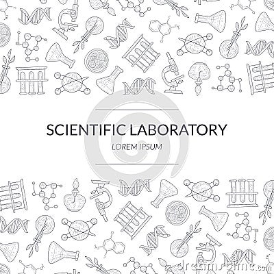 Scientific Research Banner Template with Laboratory Equipment Pattern, Medicine, Science, Technology Vector Illustration Vector Illustration