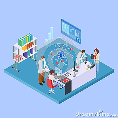 Scientific research laboratory. Isometric chemistry equpment and sciensists, pharmaceutical lab concept Vector Illustration