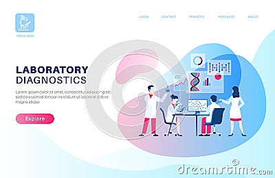 Scientific research landing. Medical dna research in clinical diagnostics center with lab equipment and genetic Vector Illustration