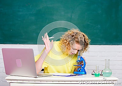 Scientific research. Study microbiology. Investigate molecular modifications. Microbiology concept. Student girl with Stock Photo