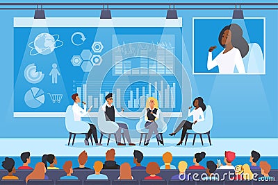 Scientific seminar, lecture or conference with presentation in front of audience Vector Illustration