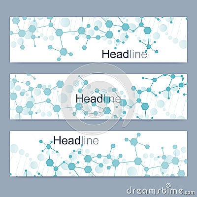 Scientific set of modern vector banners. DNA molecule structure with connected lines and dots. Science vector background Vector Illustration