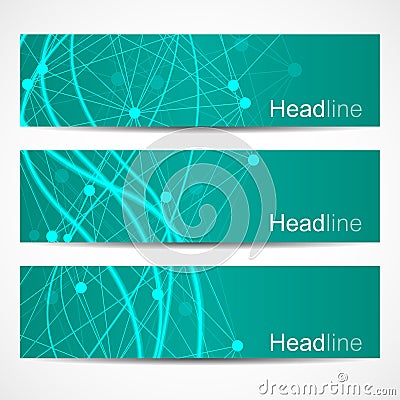 Scientific set of modern vector banners. DNA molecule structure with connected lines and dots. Science vector background Vector Illustration