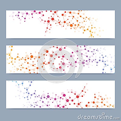 Scientific set of modern vector banners. DNA molecule structure with connected lines and dots. Science vector background Vector Illustration