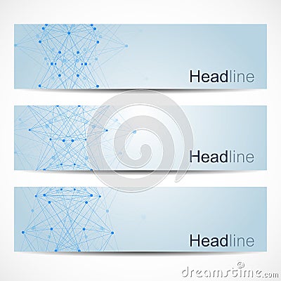 Scientific set of modern vector banners. DNA molecule structure with connected lines and dots. Science vector background Vector Illustration