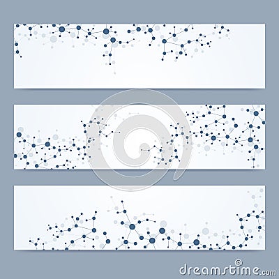 Scientific set of modern vector banners. DNA molecule structure with connected lines and dots. Science vector background Vector Illustration