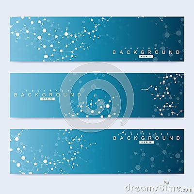 Scientific set of modern vector banners. DNA molecule structure with connected lines and dots. Science vector background Vector Illustration