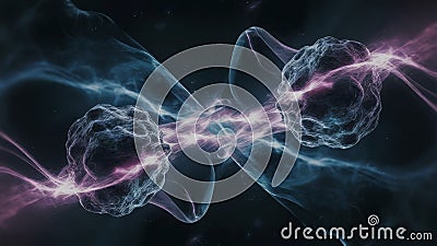 Scientific visualization of particle interaction and wave dynamics in a dark space environment Stock Photo