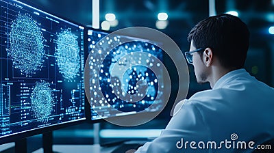 Scientist Analyzing Data on Multiple Monitors Stock Photo