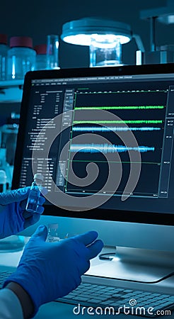 Scientist analyzing DNA data on a computer screen bioinformatics molecular biology genetic sequencing research Stock Photo