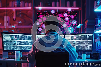 A scientist analyzing vast amounts of medical data using AI algorithms to discover new treatments and cures Stock Photo