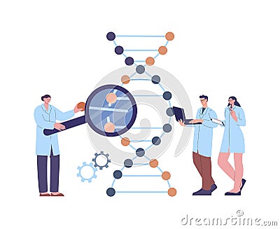 Scientist and assistants research DNA. Genetic lab experience, people born code change process. Medical laboratory work Vector Illustration