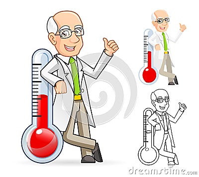 Scientist Cartoon Character Leaning Against a Temperature Vector Illustration