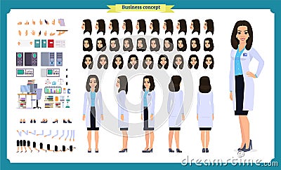 Scientist character creation set. Woman works in science laboratory at experiments. Full length, different views, emotions, Vector Illustration
