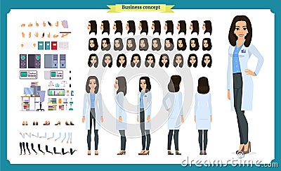 Scientist character creation set. Woman works in science laboratory at experiments. Full length, different views, emotions Vector Illustration