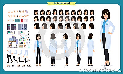 Scientist character creation set. Woman works in science laboratory at experiments. Full length, different views, Vector Illustration