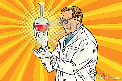 Scientist chemist analyzes laboratory flask Vector Illustration