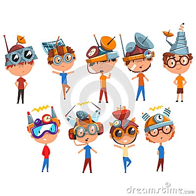 Scientist children working on physics science experiment set, boy in fantastic headdress with antennas vector Vector Illustration