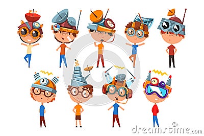 Scientist children working on physics science experiment set, boy in fantastic headdress with antennas vector Vector Illustration
